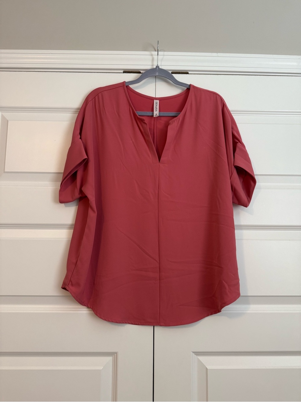 Women's Split-Neck Short Sleeve Blouse - Rose